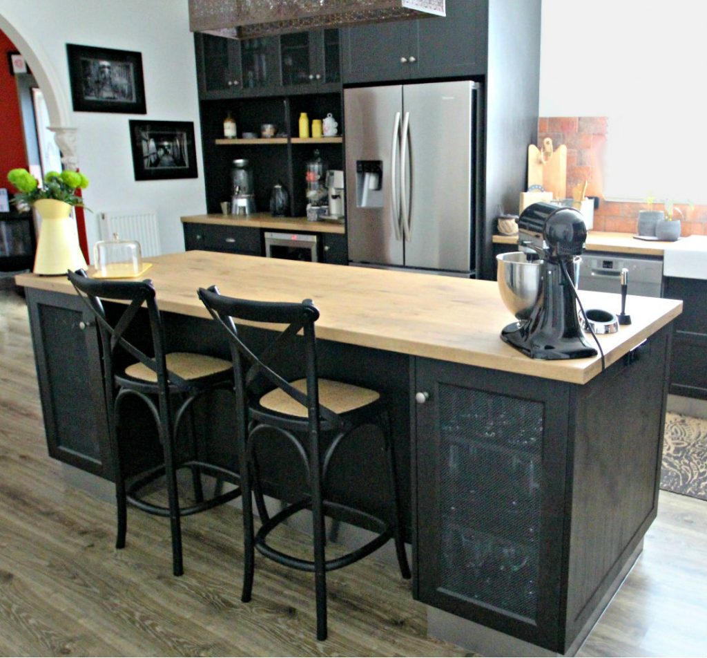 island, kitchen,black, timber bench,industrial,farmhouse,butlers sink